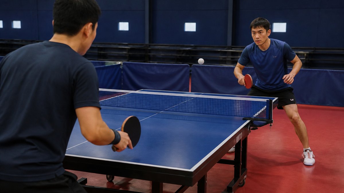 Two table tennis players engaged in a light rally at the table, demonstrating proper stance and paddle positioning during warm-up, with natural gym lighting