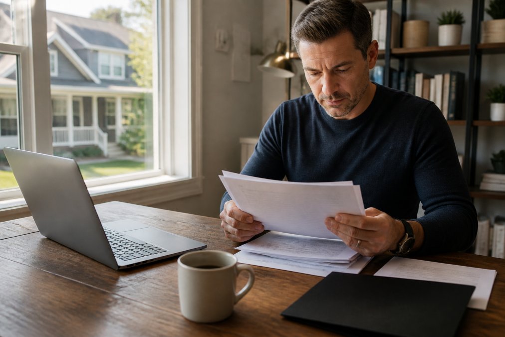 A real estate investor reviewing legal documents at a wooden desk with a laptop and a cup of coffee, natural afternoon light coming through a window with a house visible outside