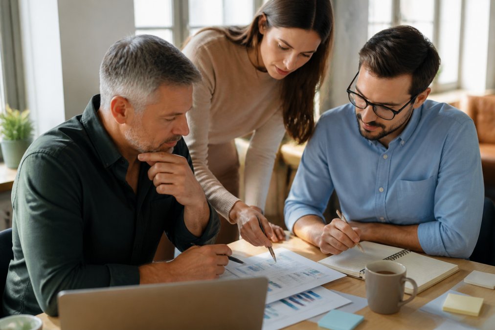 Business owner reviewing performance metrics and growth dashboard on computer screen with team members collaborating around the desk, modern office setting with natural lighting