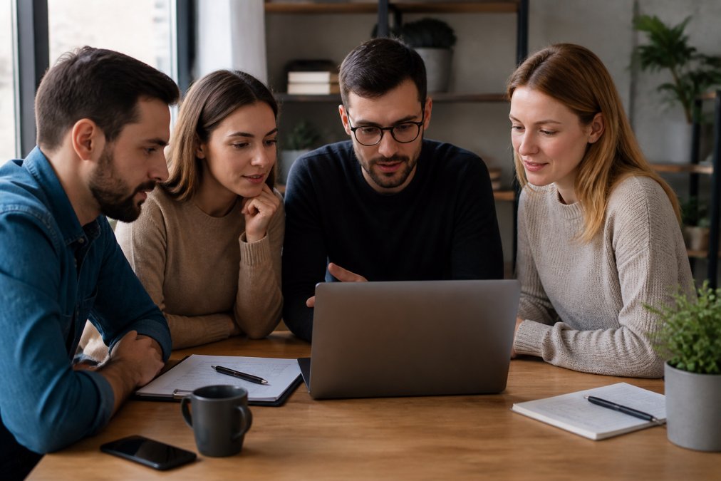 Team of marketers gathered around a laptop examining performance metrics and citation data on the screen, with multiple browser windows displaying analytics dashboards and AI model outputs
