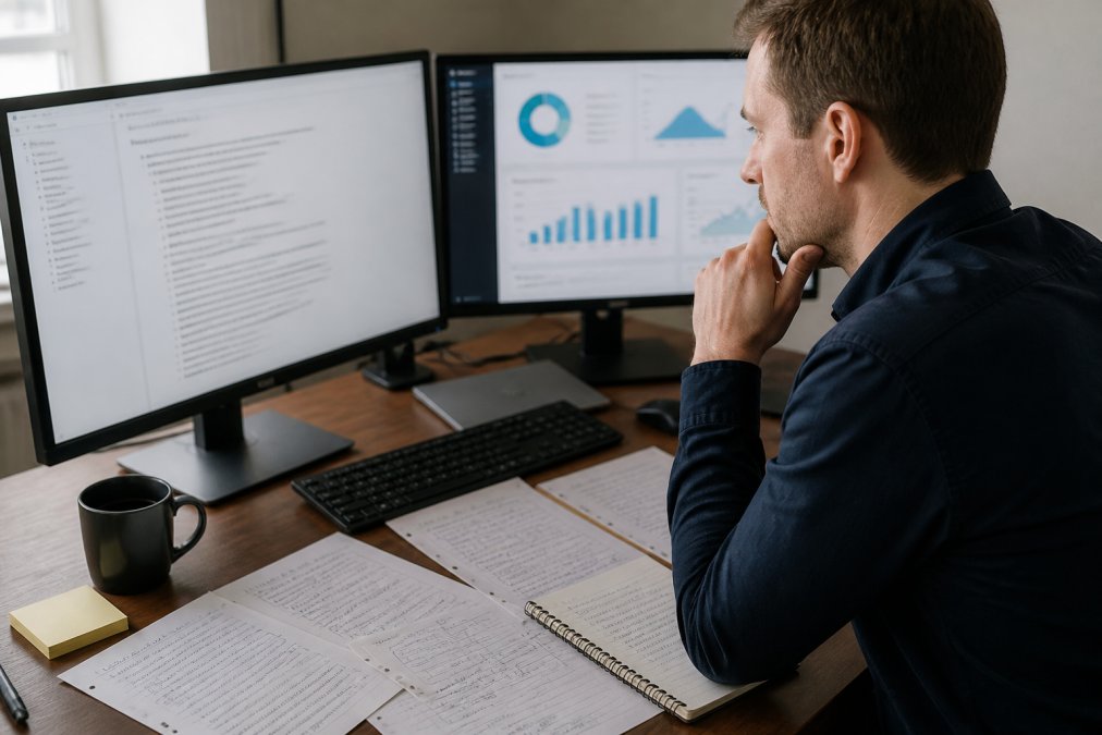 Business professional at a desk reviewing structured content on a computer screen, with analytics dashboards visible on secondary monitor and handwritten notes on topical structure scattered across the desk