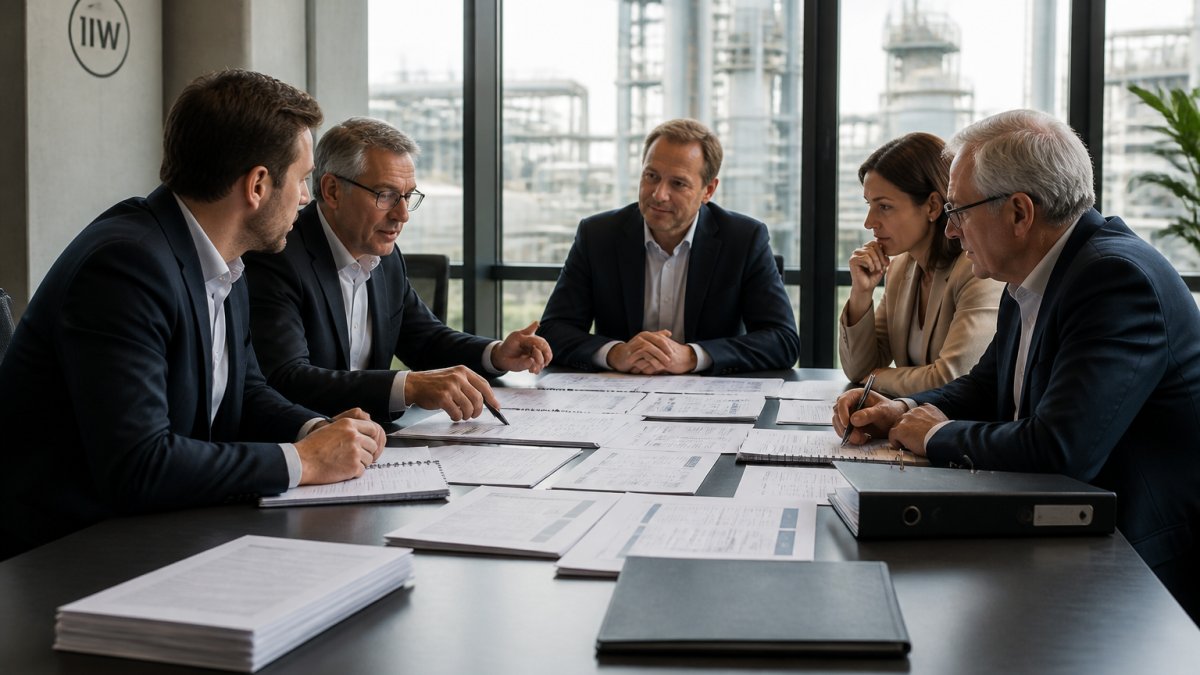 A boardroom meeting with institutional investors and advisers reviewing governance documents spread across a large table, an industrial plant visible through the window, soft daylight