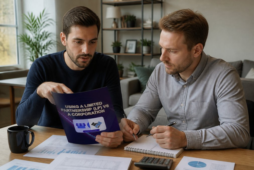 Two real estate investors reviewing property documents and financial statements together at a desk with a laptop and coffee