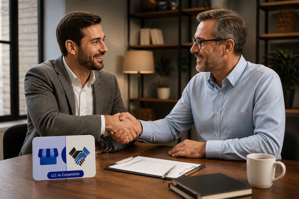 Business partners having a serious discussion in an office setting, shaking hands while reviewing agreement paperwork under warm office lighting