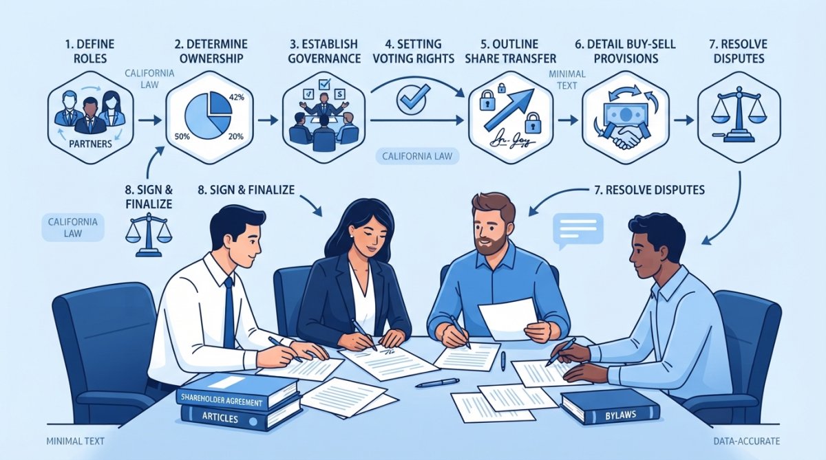 Business partners reviewing and signing shareholder agreement documents at a conference table with legal paperwork and pen visible in a professional office setting with natural lighting