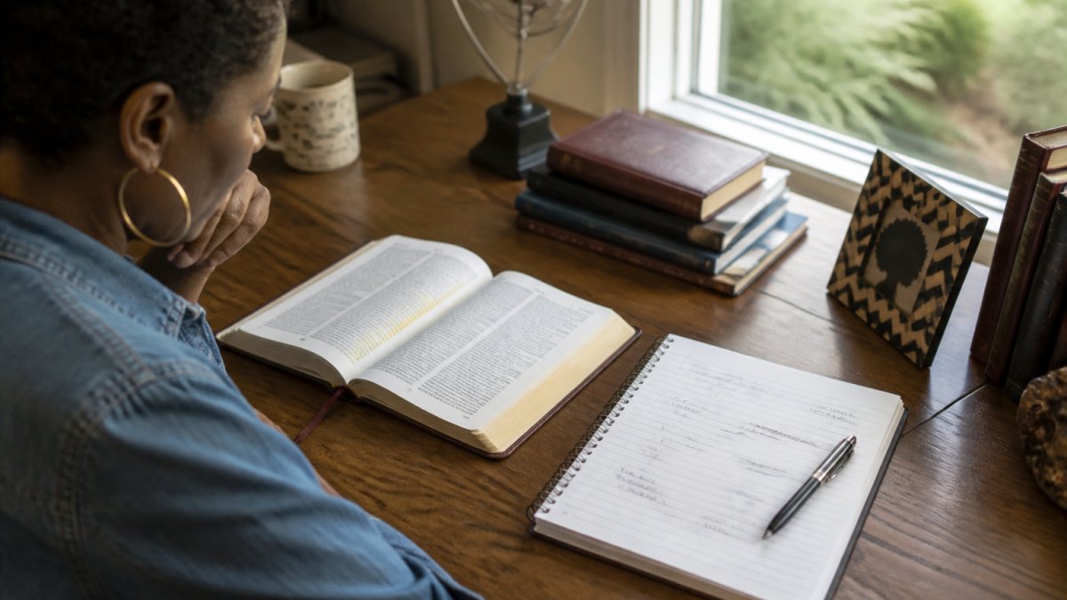 A person sitting at a wooden desk with an open Bible, a notebook filled with handwritten names and arrows, and a pen resting on the page, warm natural light from a nearby window