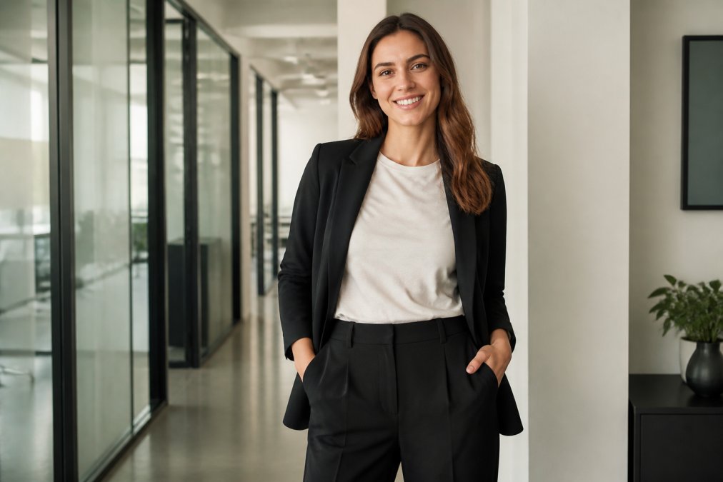 A woman in a bamboo t-shirt layered under a blazer and tailored trousers, standing in a bright modern office hallway, smiling confidently