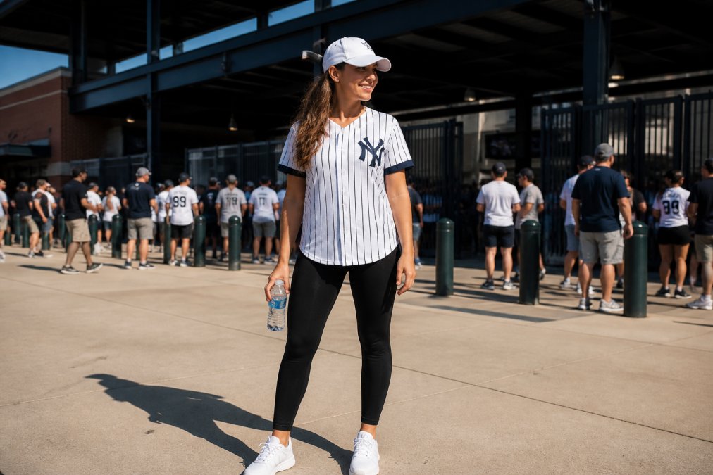 Woman in a white baseball cap and team jersey standing outside a stadium on a sunny afternoon