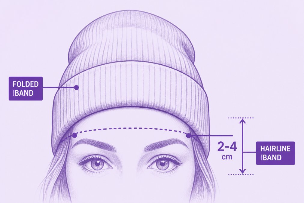Pencil sketch of a beanie's folded band sitting low across a forehead, with a dotted line marking the hairline band 2-4 centimeters above the brow