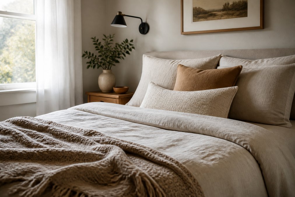 Cozy bedroom corner with neutral bedding and layered throws to style bedroom budget decor perfectly.