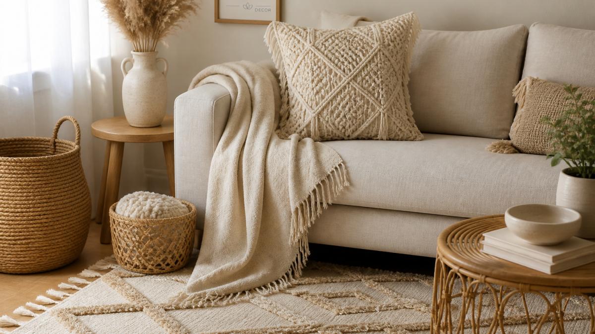 Sunlit boho corner with a linen sofa, macrame pillows, woven baskets, and dried pampas grass in a ceramic vase.