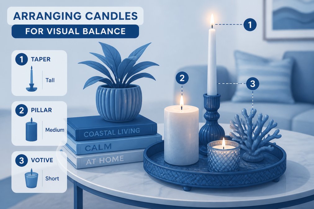 Close-up of a styled coffee table with three varying heights of candles (pillar, votive, and taper) arranged asymmetrically among stacked books and a decorative tray, warm candlelight glowing