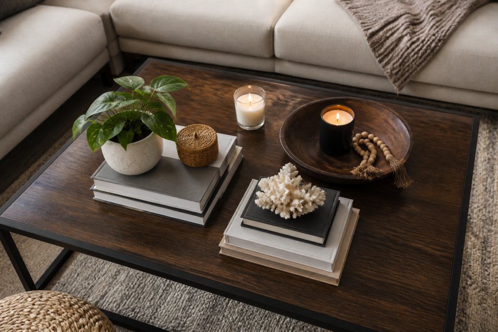 A well-styled coffee table with stacked coffee table books, lit candles, a small potted plant, and a decorative object, photographed from above showing the complete vignette in a modern living room