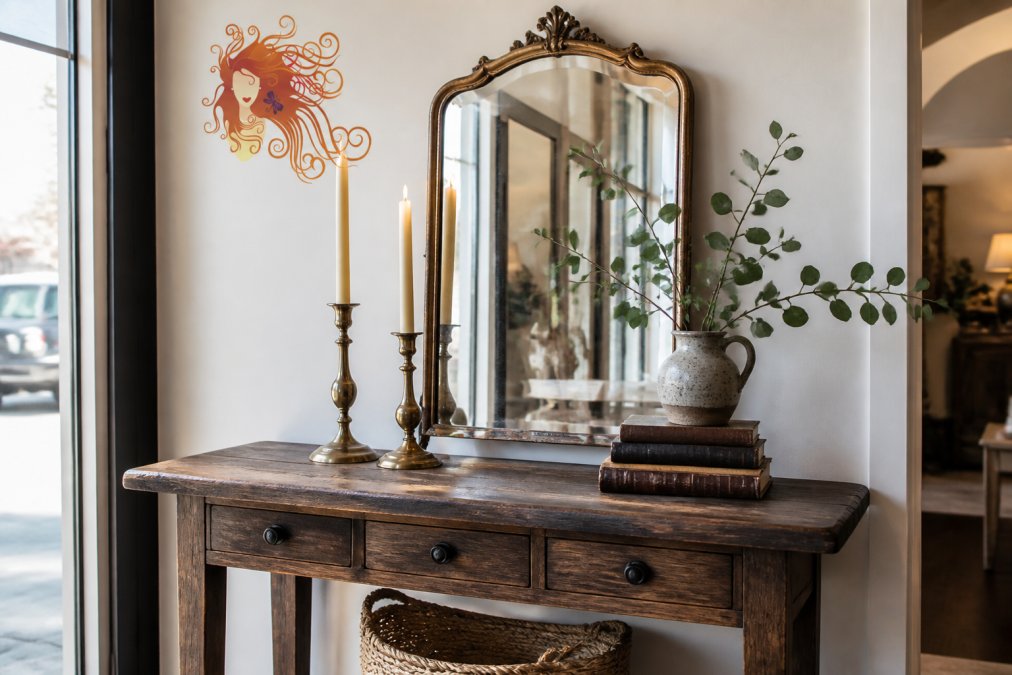 Infographic showing how to style a console table with pre-loved decor using a curated vintage vignette layout.