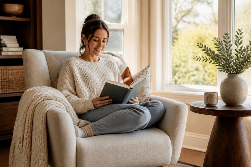 Person sitting comfortably in a plush accent chair positioned by a bright window, holding an open book with throw pillows behind them and a soft knit blanket draped over the armrest, natural sunlight streaming across the cozy scene