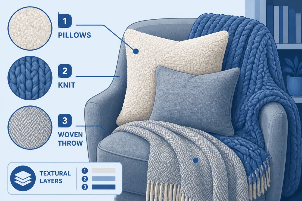 Close-up detail of a cozy reading nook corner showing layered textures: plush throw pillows in cream and soft gray, a chunky knit blanket draped over a chair back, and a soft woven throw with natural fiber texture creating textural depth and warmth