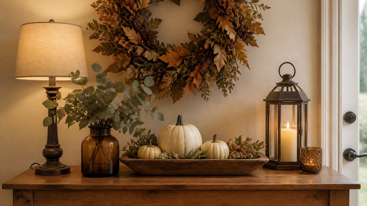 Styled fall console table featuring a layered arrangement with a decorative tray holding white pumpkins and autumn greenery, a wreath hanging above, eucalyptus stems in a warm-toned vase, and soft golden lighting creating a welcoming entryway scene