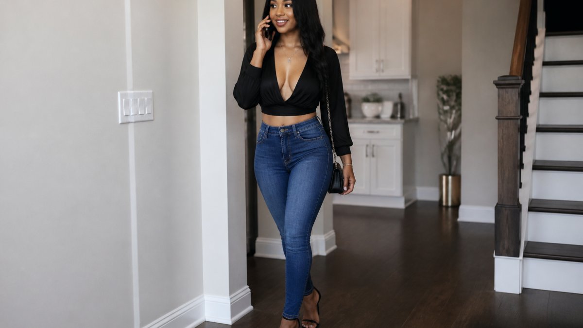 Woman wearing a deep V-neck crop top with fitted jeans and strappy heels posing in a bright room