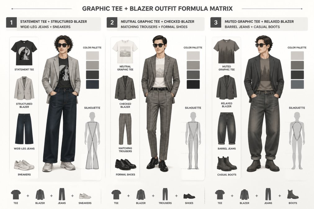 Infographic showing three outfit formulas combining graphic tees with blazers for different styles.