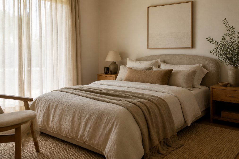 Professional illustration showing neutral bedroom