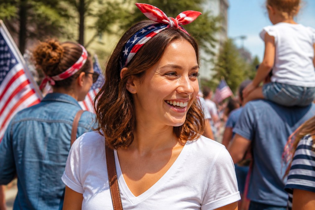 A woman smiling outdoors while wearing a stylish red, white, and blue patriotic bandana tied as a headband.