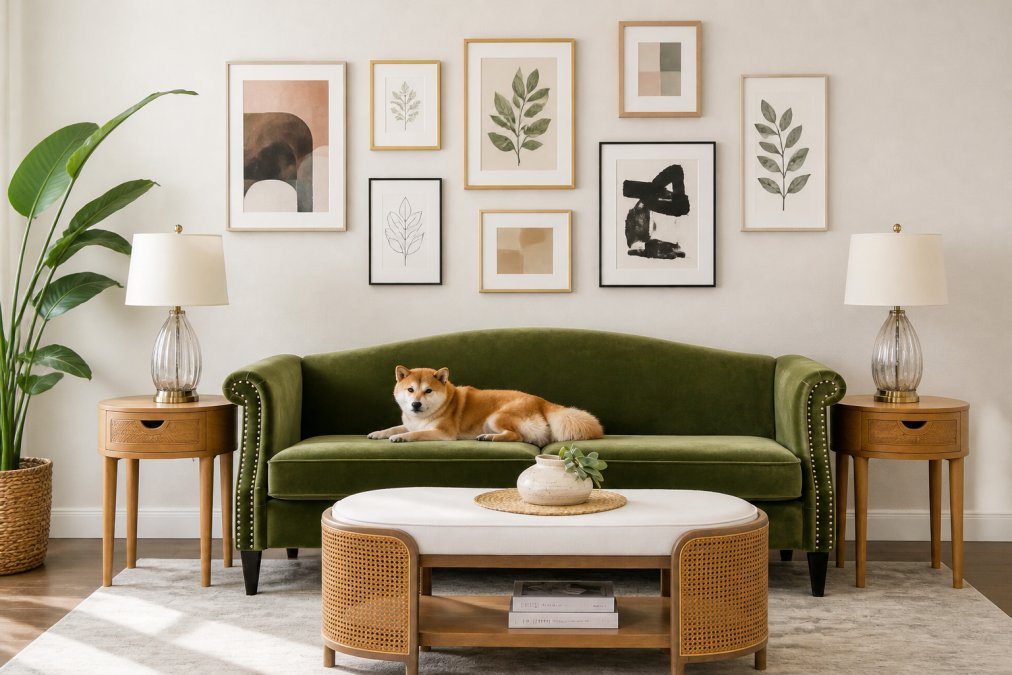 Bright rental apartment wall featuring a carefully curated gallery wall with peel-and-stick frames in various sizes, botanical prints, and abstract art arranged in an asymmetrical pattern above a mid-century modern console table