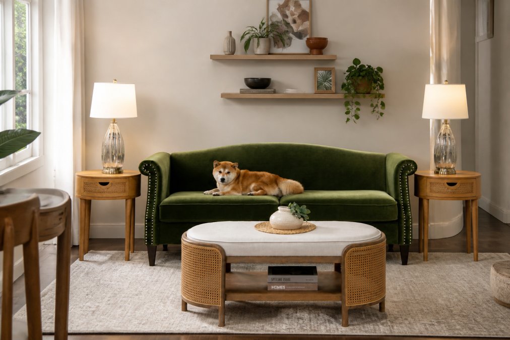 Modern small living room styled with an olive camelback sofa, round minimalist coffee table, floating shelves, and warm accent lighting creating an open, intentional layout in a compact space