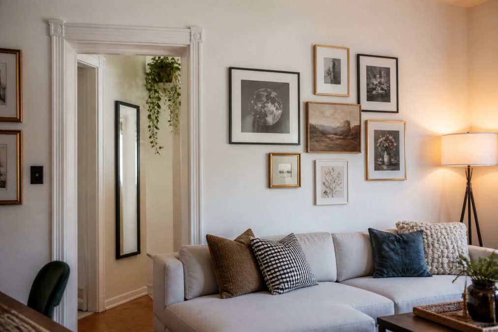 A bright rental living room with a gallery wall of lightweight framed art hung on adhesive strips, a peel-and-stick molding accent above a doorway, and a modern floor lamp glowing in the corner