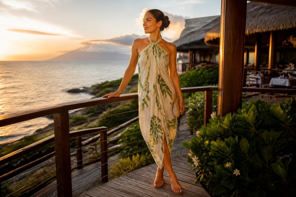 Woman wearing a bamboo-cotton sarong for dinner as a halter dress on a resort terrace at golden hour