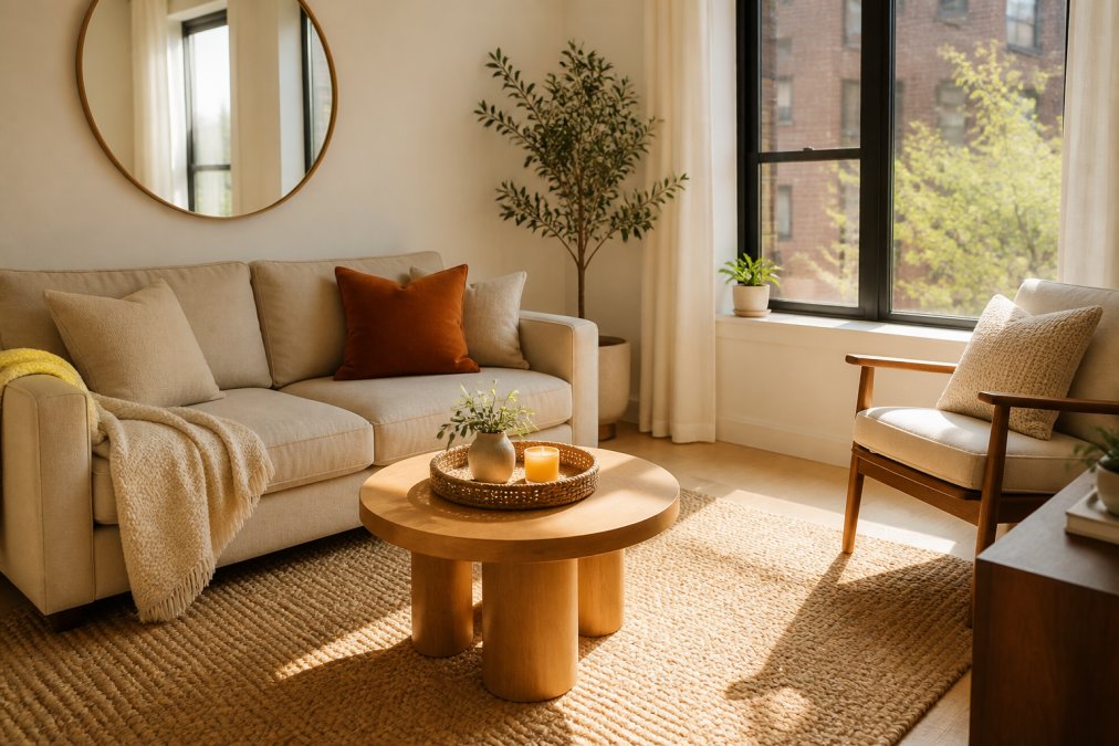 A bright small apartment living room with a soft beige sofa, a warm white wall, a rust-colored accent cushion, a woven jute rug, and afternoon sunlight streaming through a tall window