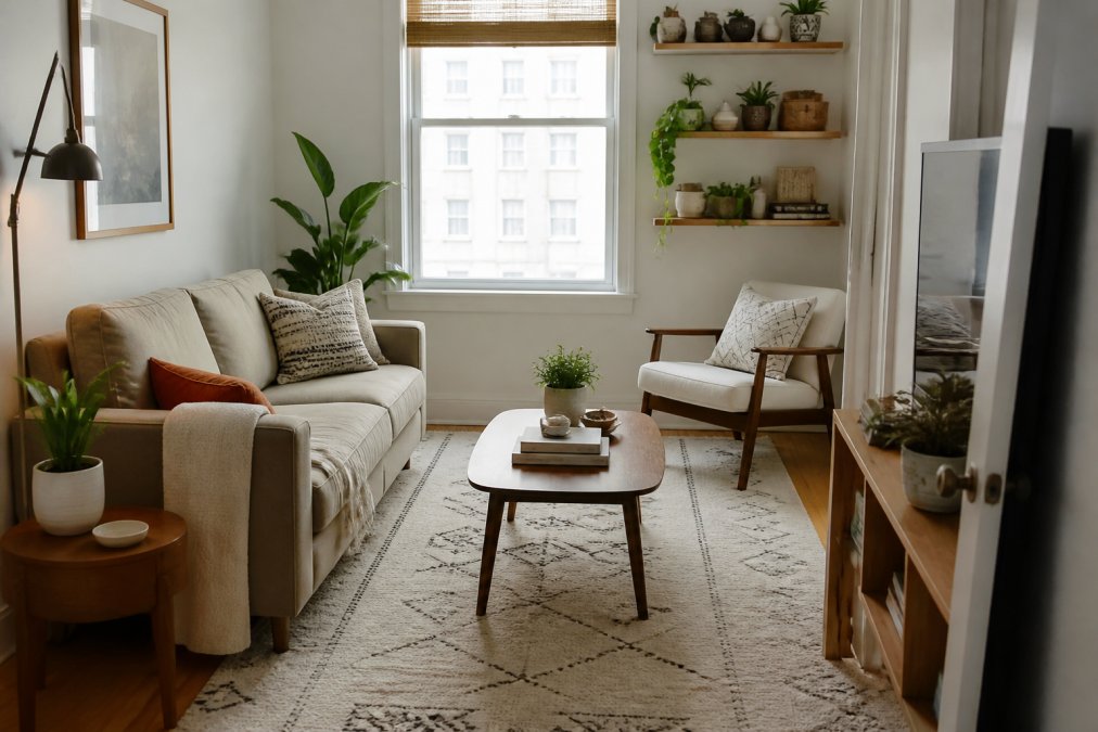 A cozy small apartment living room with a loveseat, accent chair, area rug, and wall-mounted shelving arranged to show clear traffic flow and natural light from a window