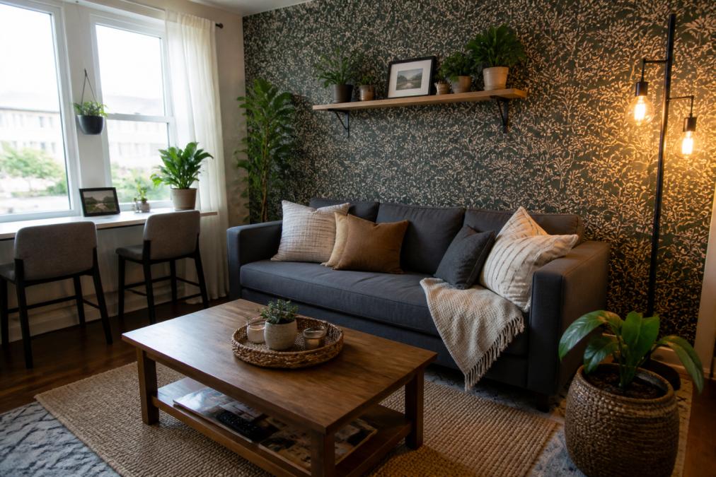 A cozy, well-lit small apartment living room featuring peel-and-stick removable wallpaper in a warm botanical print on an accent wall, a layered jute and patterned rug, warm Edison bulb floor lamp in the corner, and three small potted plants arranged on a floating shelf above a low-profile sofa