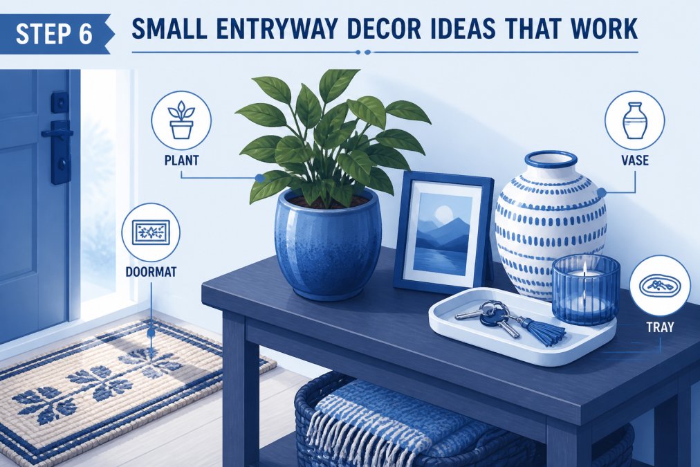 Close-up of a styled entryway vignette featuring a potted green plant, a textured welcome mat in neutral tones, a decorative ceramic vase, and carefully curated accessories arranged on a small console table with warm, natural morning light