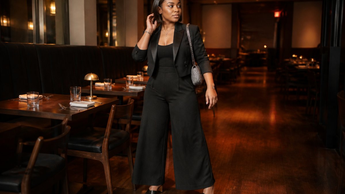 Woman in a black wide-leg jumpsuit and cropped blazer posing with a rhinestone bag in an upscale restaurant.