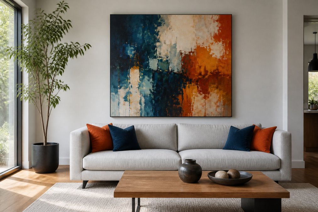 Modern rental living room with oversized abstract painting in bold blues and terracottas displayed above a minimalist light gray sofa, natural window light illuminating the artwork's colors, warm wood floor and simple furnishings creating cohesion