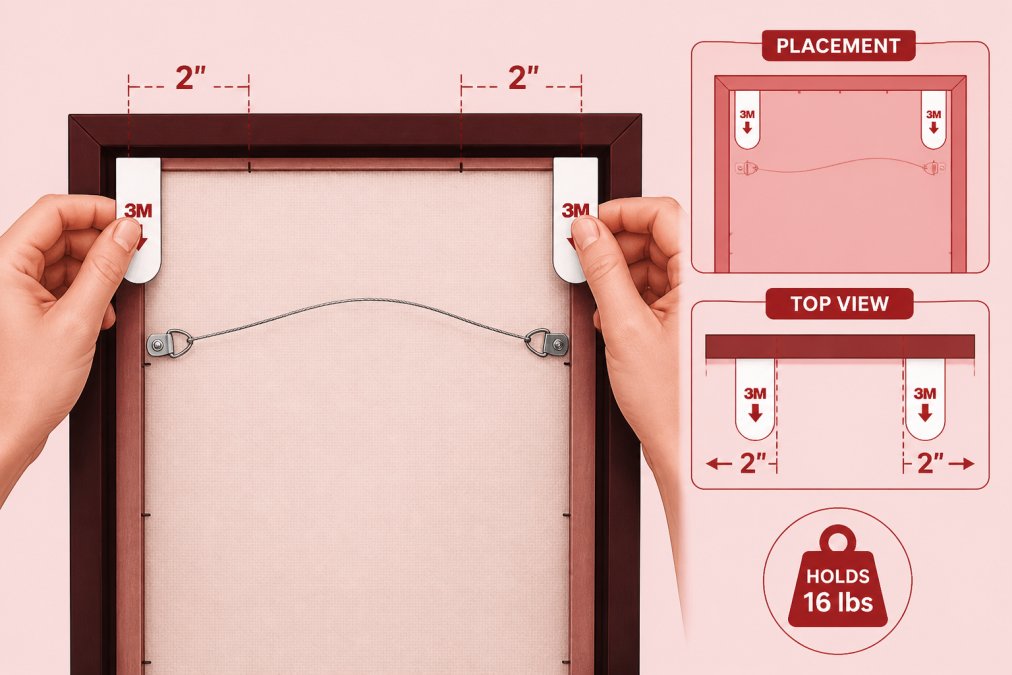 Close-up of hands carefully applying heavy-duty adhesive strips to the back of a framed abstract artwork's upper corners before hanging on a rental apartment wall, showing proper placement technique