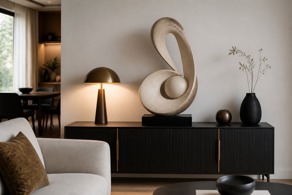 A bright, modern living room with a large abstract sculpture displayed on a console table against a neutral white wall, surrounded by minimal complementary decor and a single warm-toned table lamp casting directional light on the piece