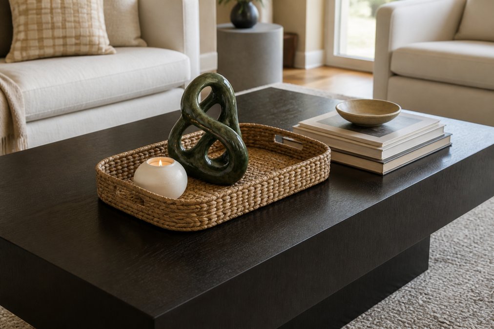 A styled rectangular coffee table with a small abstract resin sculpture as a centerpiece inside a woven tray, flanked by a low white candle and a small stack of design books, photographed from slightly above in a cozy living room with warm afternoon light