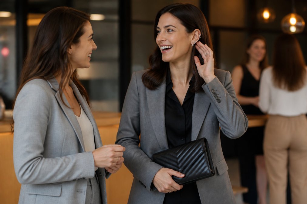 Woman in a tailored blazer swapping a work tote for a clutch and adding a statement ear cuff in a modern office