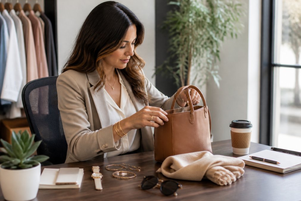 Professional woman at her desk wearing polished business casual outfit with carefully selected minimalist gold jewelry, structured tan leather handbag, and neutral-toned accessories arranged neatly beside her workstation