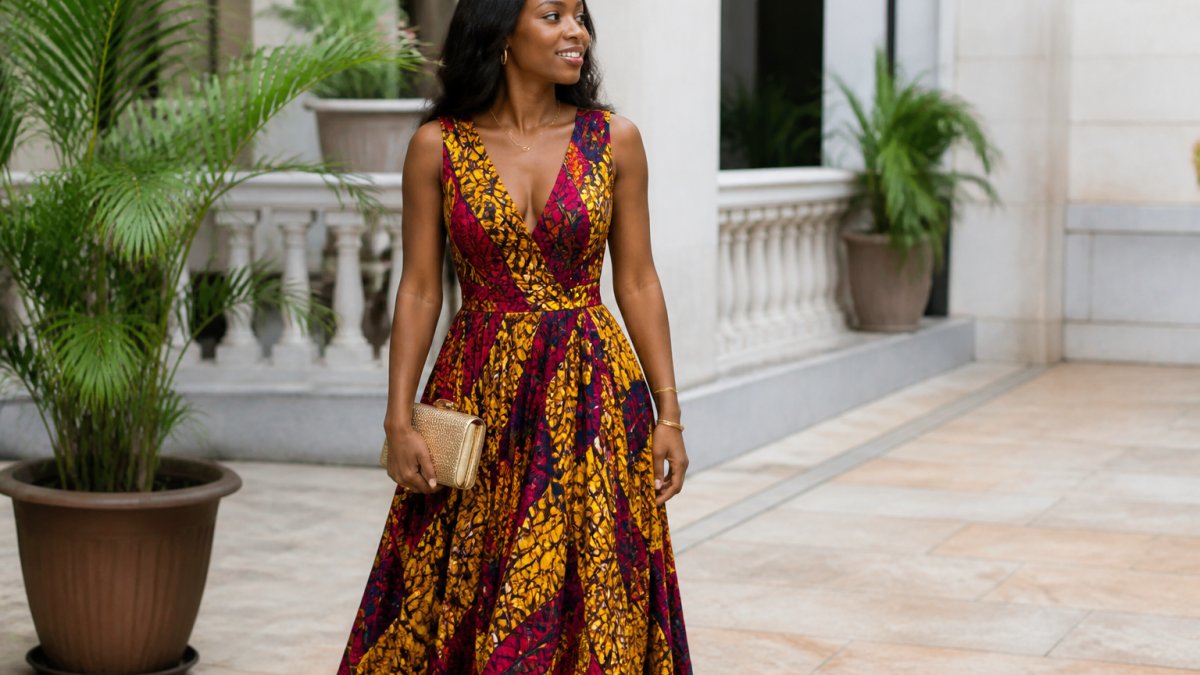 Woman wearing a vibrant African print maxi dress with minimal gold jewelry and a structured clutch, photographed outdoors in natural light to showcase how understated accessories keep the fabric as the focal point
