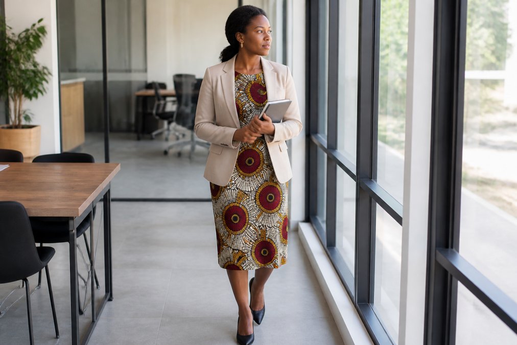 A professional woman wearing a tailored African print midi dress with a neutral beige blazer, standing confidently in a bright modern office holding a notebook, natural window light