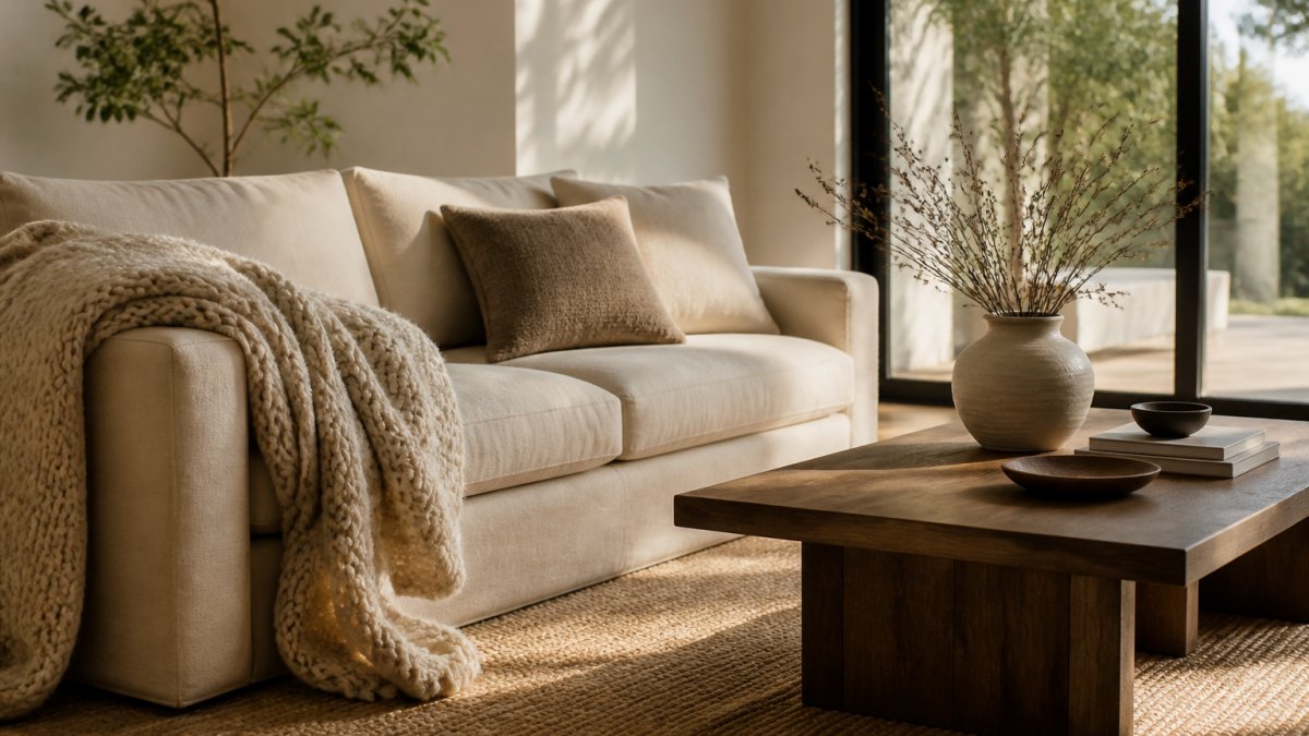 A sunlit living room corner with a linen sofa, a chunky wool throw draped over one arm, a woven jute rug, and a walnut coffee table styled with a ceramic vase and dried branches. Aim for at least three textures in every sightline. In practice, that usually means one fabric, one natural material, and one smooth finish. Curtains count here too. Heavy, textured window treatments add softness that blinds never will. Choose a linen or cotton blend in a tone close to your walls so they read as part of the room, not a separate element. Finish with small accents that add quiet interest. A [Sculptural Ceramic Vase