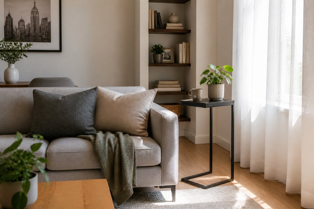 Compact living room with light gray sofa positioned to optimize traffic flow, a sleek C-shaped side table tucked into a corner near a window, and vertical shelving displaying books and decor on cream-colored walls, natural sunlight streaming through sheer curtains