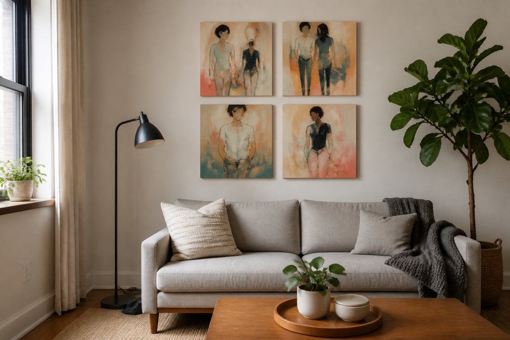 Vertical gallery wall of four square canvases above a sofa shows how to style art in small apartments effectively.