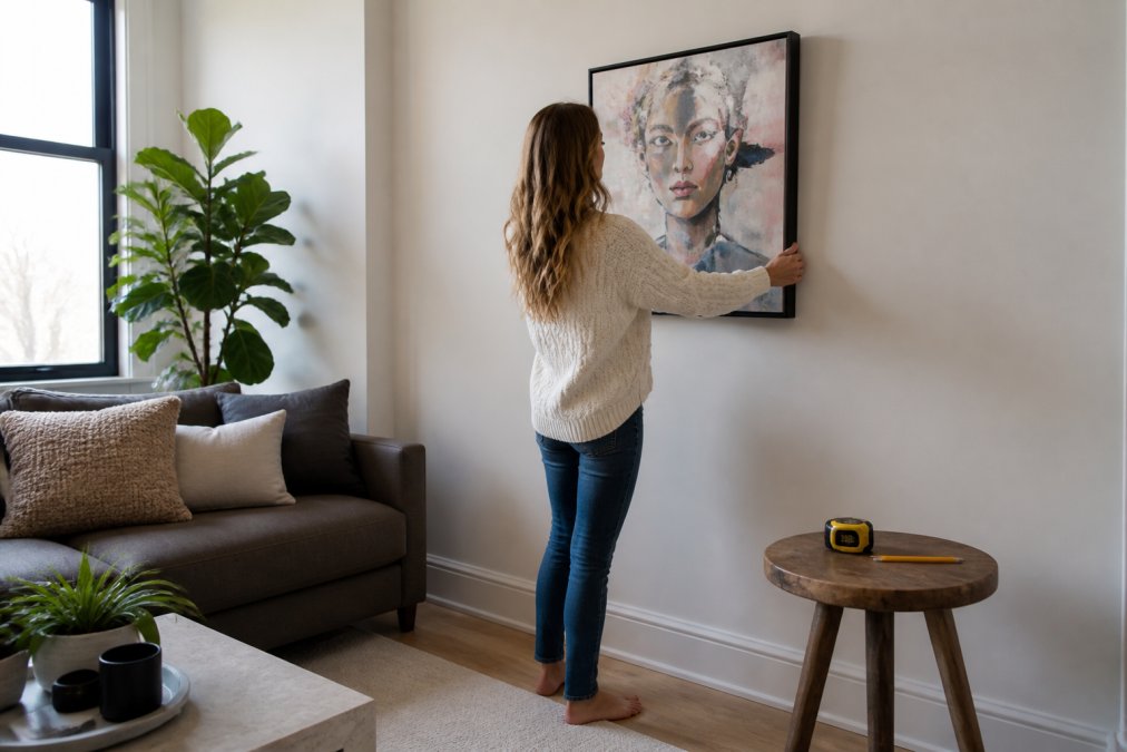 Step-by-step diagram showing how to measure and style art in a small apartment living room.