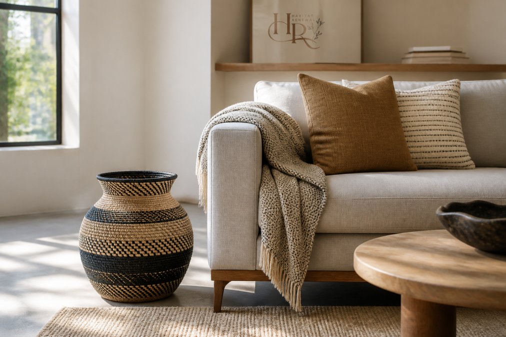Diagram illustrating how to style artisan home decor with modern furniture to create a warm and balanced living space.