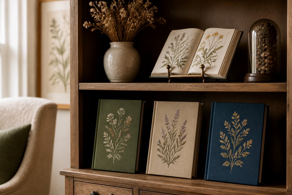 A styled wooden bookshelf in a softly lit living room showing three hardcover botanical journals displayed upright, one open on a small brass stand, with a ceramic vase of dried flowers and a small glass curiosity object nearby