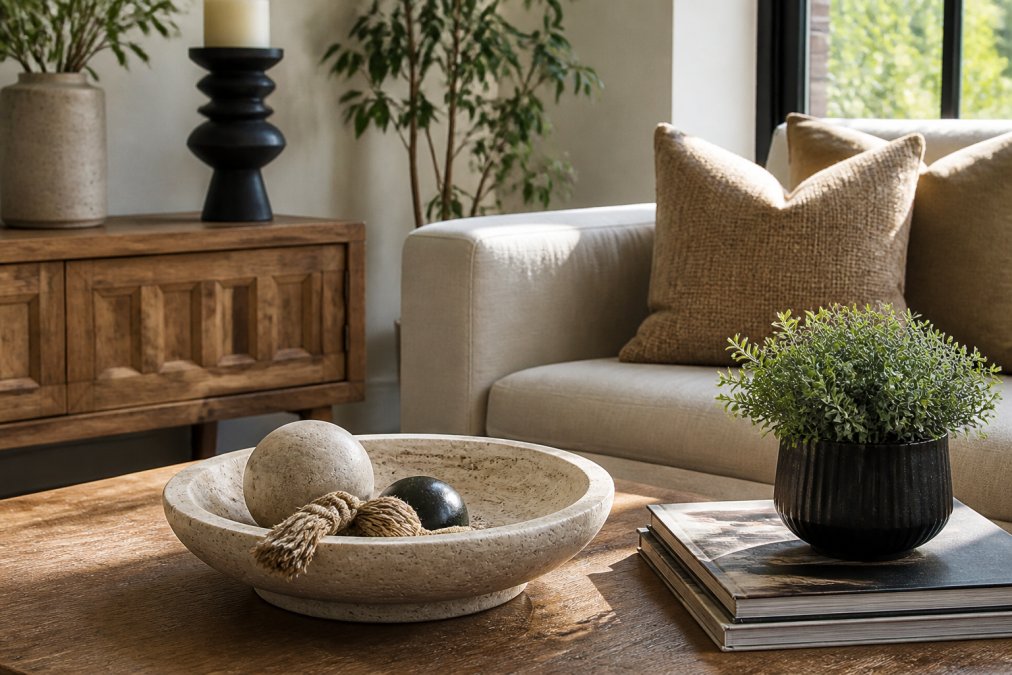 A sunlit living room corner with a travertine decorative bowl on a coffee table, a sculptural candle holder on a console, and textured linen cushions on a neutral sofa, styled in an organic modern aesthetic