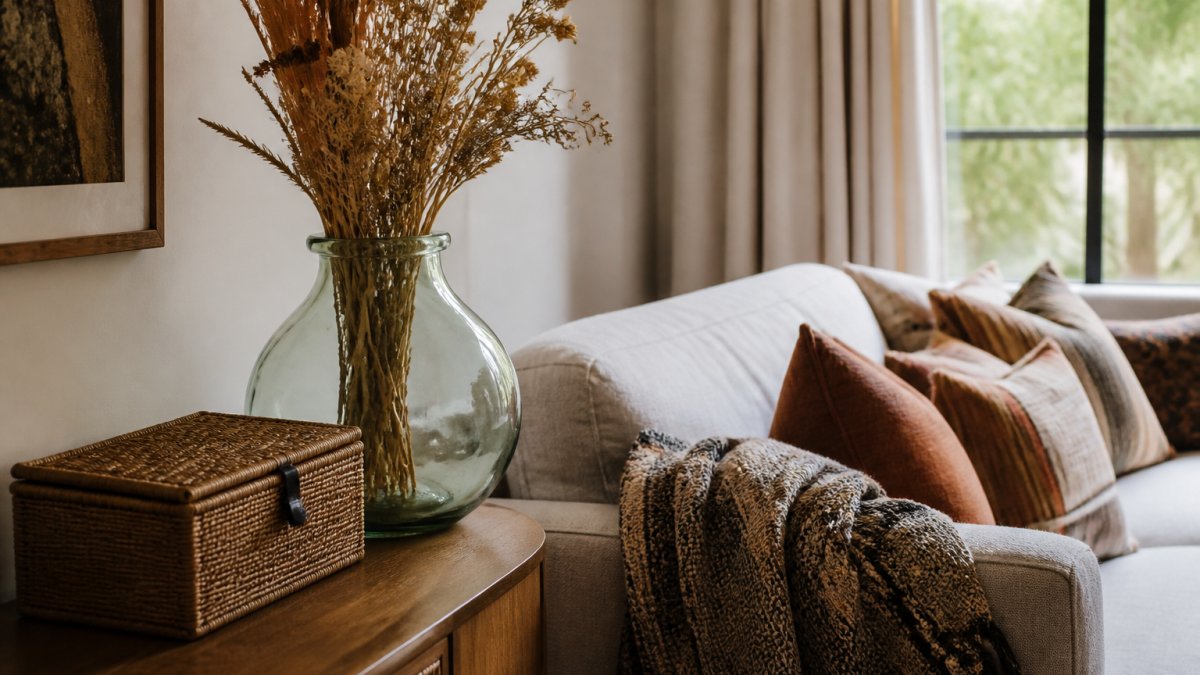 A cozy living room corner styled with a hand-blown glass vase holding dried stems, a woven grass storage box on a wooden console, and layered textiles on a neutral sofa, warm natural light from a window